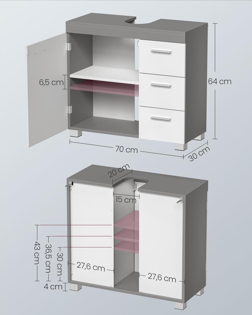 VASAGLE Mobile da bagno, Mobile per bagno, 3 Cassetti Grandi, 30 x 70 x 64 cm, Mobile da bagno, 2 Scomparti Dietro la Porta