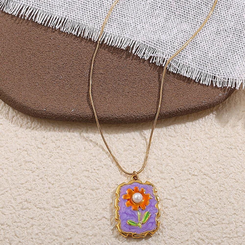 Dripping Oil Stainless Steel Chain Necklace Flower Clavicle Chain Sunflower Enamel Necklace  Women
