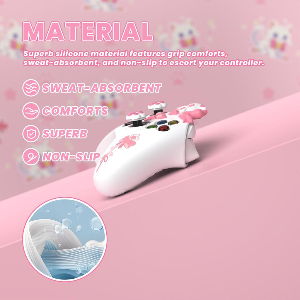 PlayVital Sweetheart Kitty Silicone Cover for Xbox Series Includes Thumb Grips and Cute Grip Cover X/S Controllers, Stickers, Design, Non-Slip [White]