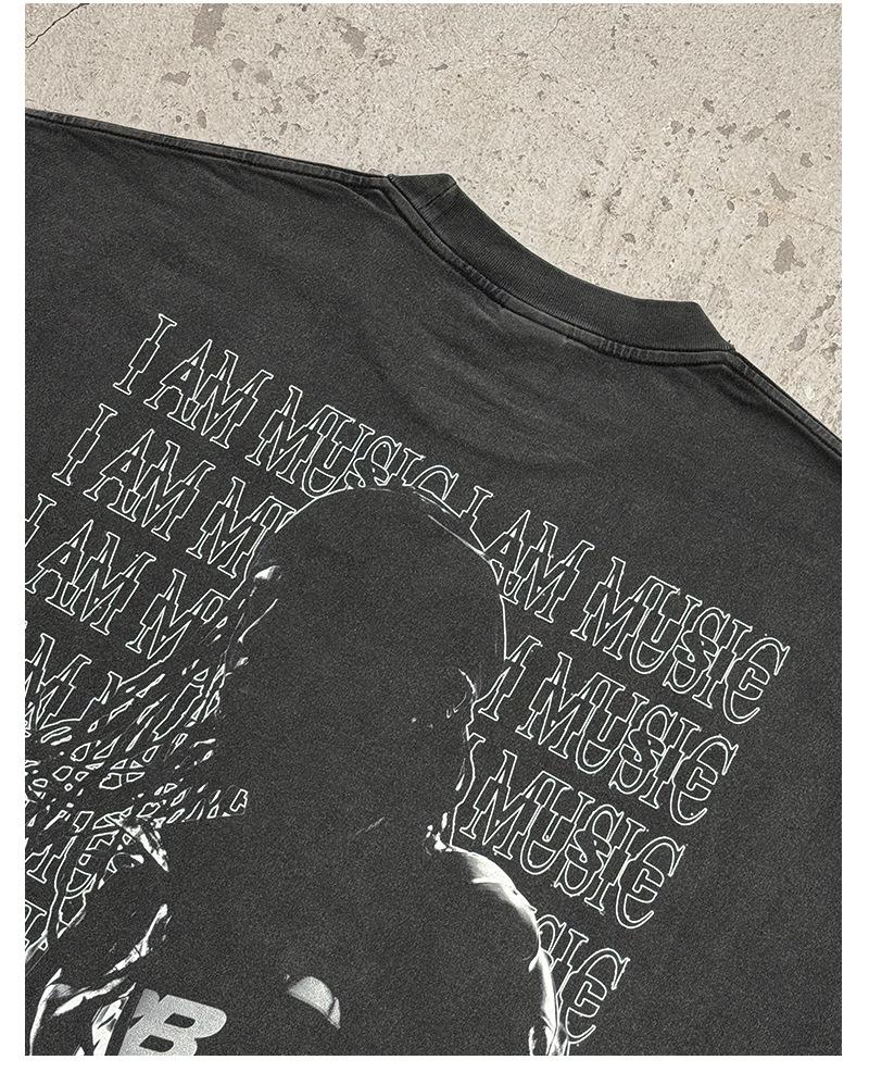 Playboi Carti Print Washed Short-Sleeve Crew Neck Hooded Sweatshirt