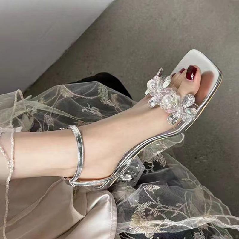 Ladies Shoes On Sale Fashion Ankle Strap Women's Sandals Summer Square Toe Open Toe Solid Dress Transparent Block Heel Sandals