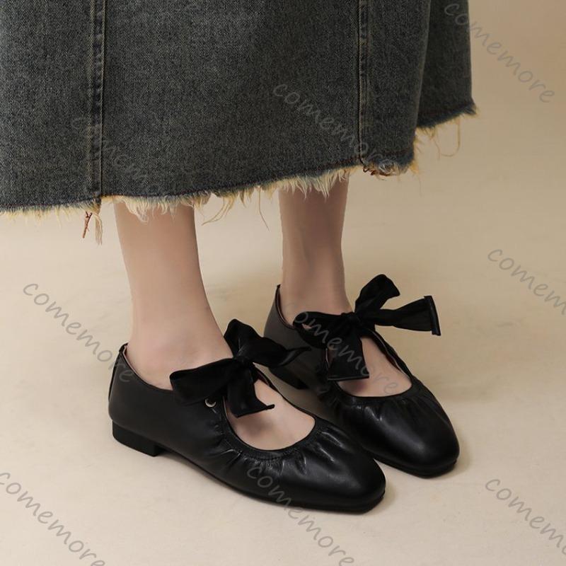 Comemore Silver Ballet Flat Shoes Temperament Shallow Mouth Lace Up Casual Mary Jane Shoe Women Spring Autumn Soft Leather Flats