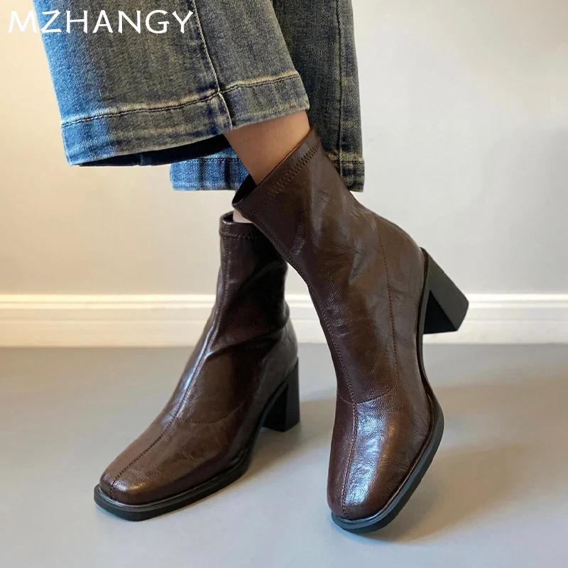 Fashion Women Square Toe Leather Ankle Boots Mid Heels Elegant Shoes Woman 2025 Trend Winter Fashion Sexy Pumps Motorcycle Boots Mujer