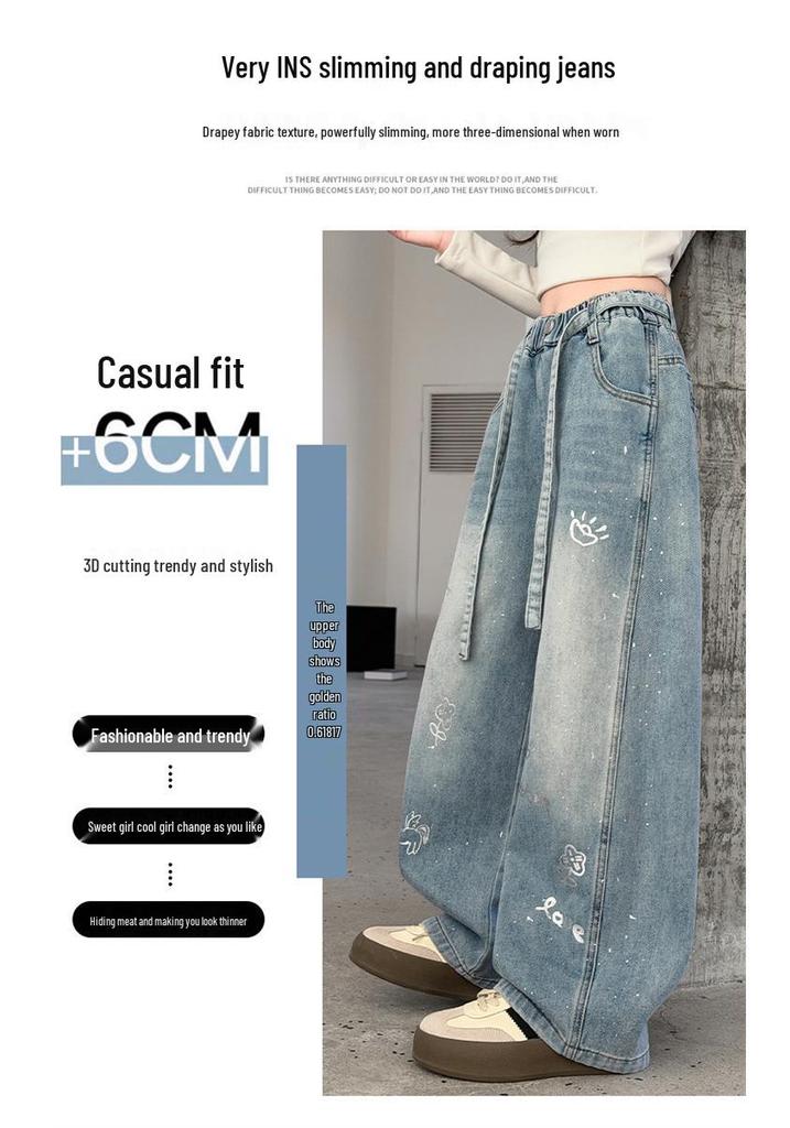 Nuovi Pantaloni Jeans Larghi a Gamba Larga Stampati Stile Coreano da Ragazza 2026