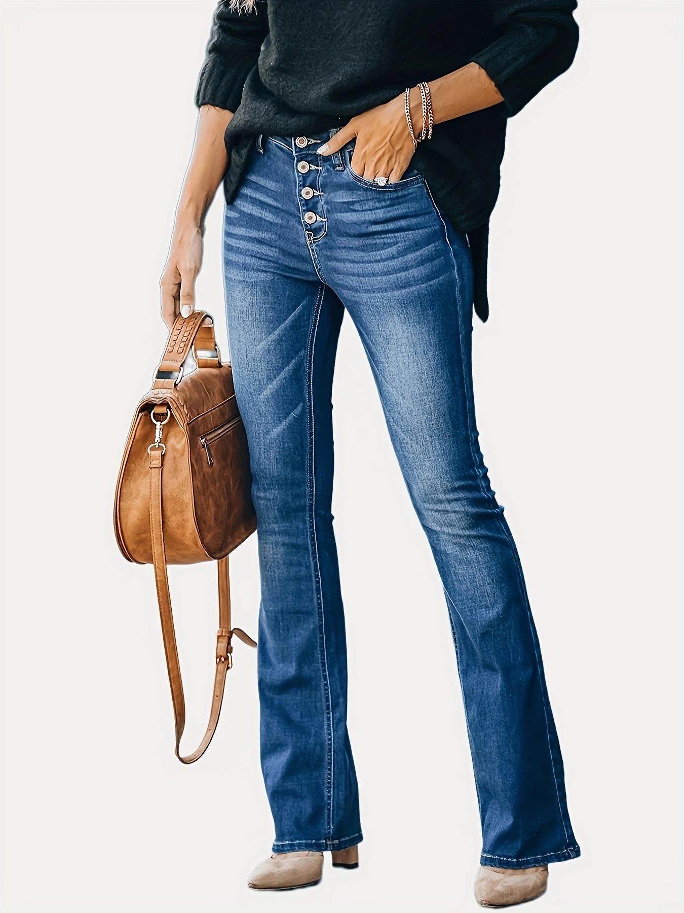 Women s Button-Up Elastic Slim Fit Flared Denim Pants S