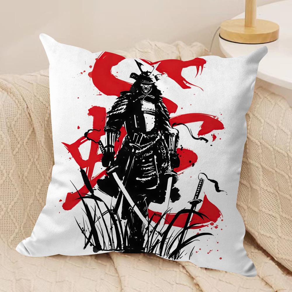 Japanese Style Ink Samurai Cushion Cover Silky Short Plush Invisible Zipper Dustproof Sofa Pillow Case for Home Decor