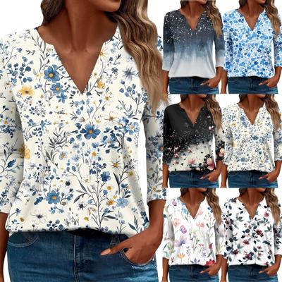 Women's T Shirt Tee Printed 3/4 Sleeve Daily Weekend Fashion Basic V Neck Regular Top