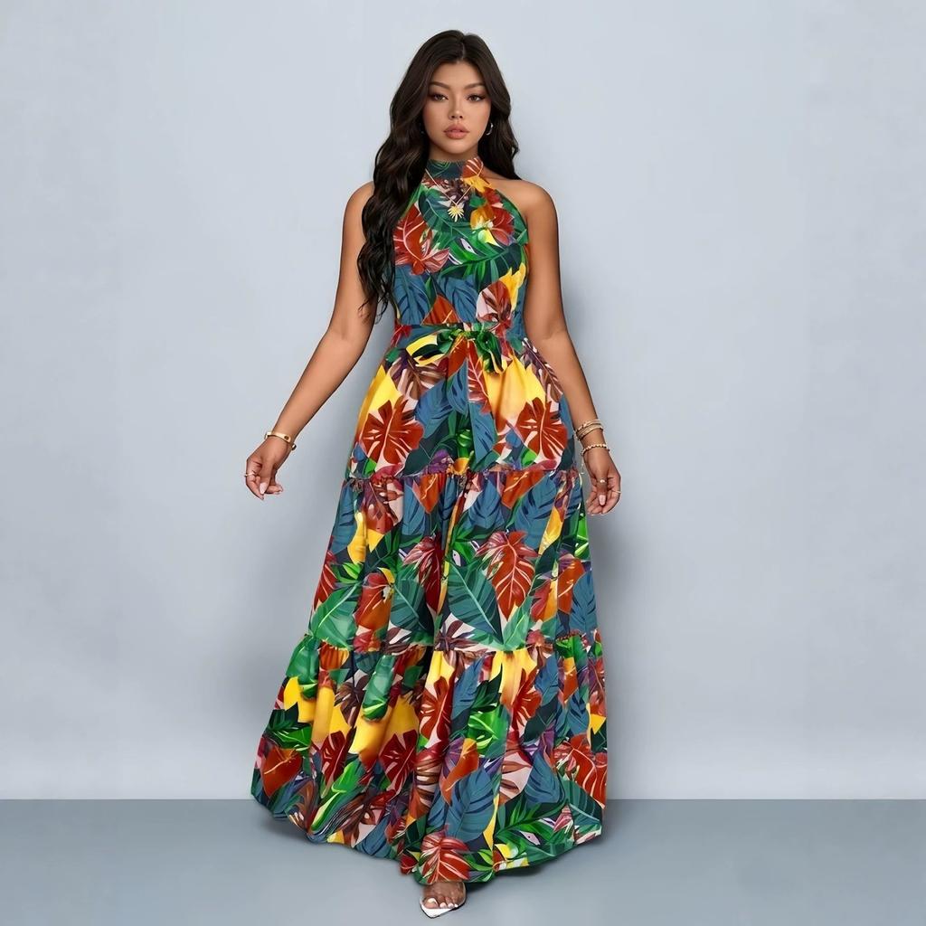 Summer New Style Sleeveless Neckline Printed Dress for Plus-size Women with A Fitted Waist Design