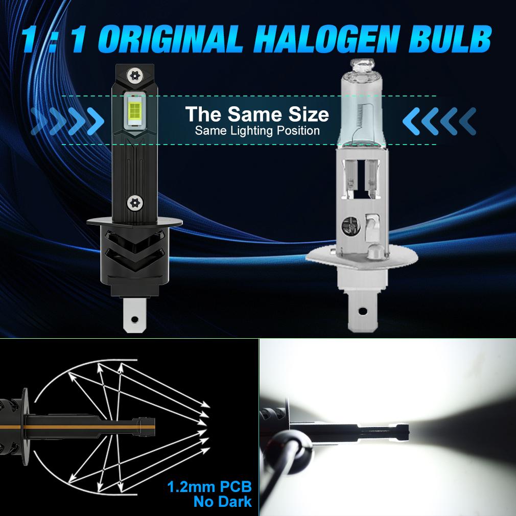 2Pcs H1 LED Headlight Bulbs Canbus 25000LM 50W 1:1 Mini Wireless Light With Fan H1 Turbo Lamps Car Headlamp Plug&Play 6500K White 12V