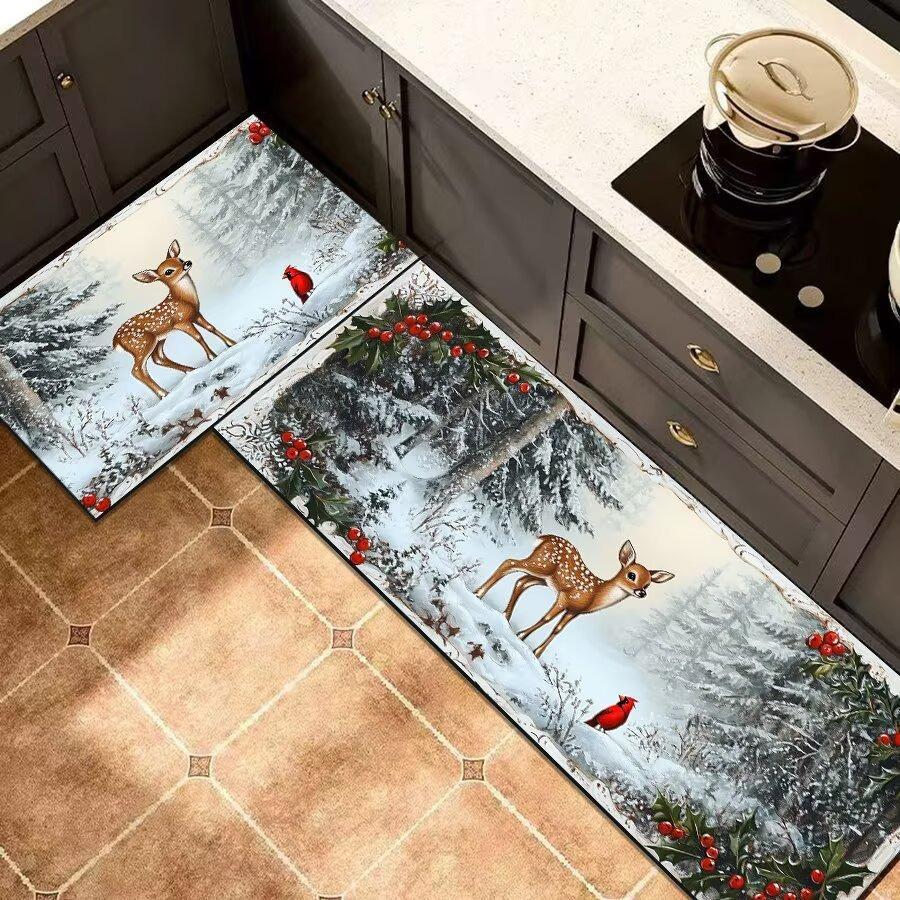 Christmas Santa Kitchen Mat Set, 2-PC Absorbent Non-Slip Floor Rugs for Holiday Decor