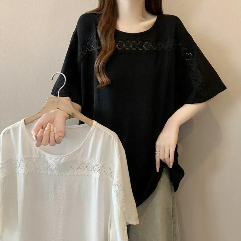 Women's Solid Color T-shirt Ladies' Lace Hollow Round Neck Short Sleeved Blouse Summer New Korean Version Loose Versatile Top