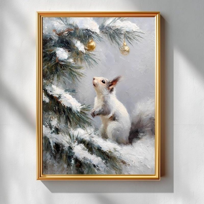 Winter Snow Scene Squirrel Christmas Wall Art, Poster Prints, Christmas Poster Wall Art Frameless Canvas Wall Art Poster 21X30CMNo Framed