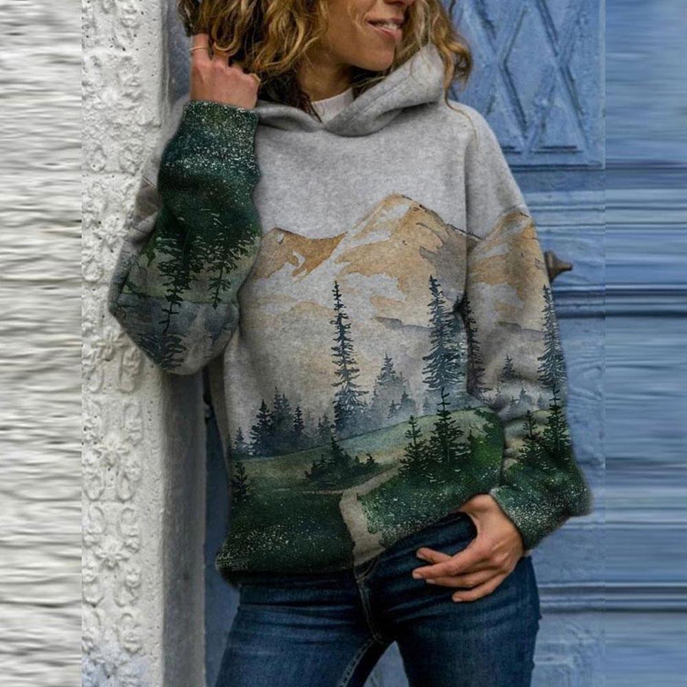 Felpe con cappuccio vintage Harajuku da donna, eleganti, con stampa di montagna, felpe larghe, tute casual primaverili, pullover oversize