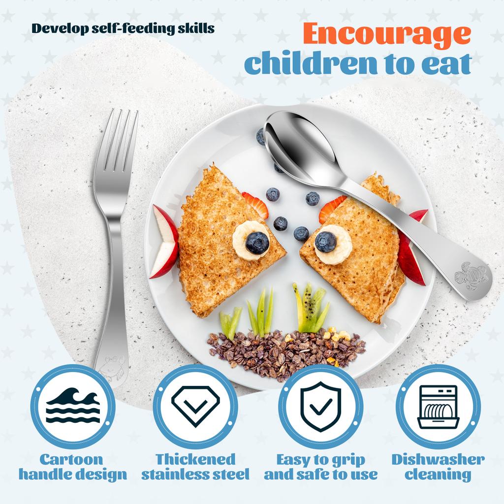 10 Pcs Kids Cutlery Set Stainless Steel Children Cutlery Kit Forks and Spoons Set Dessert Cake Fork Kids Silverware Kit for Home