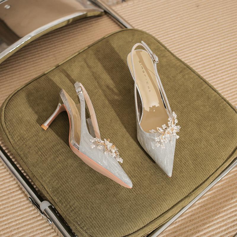 

7520-1 [овчина] туфли на высоком каблуке женские тонкие каблуки 2025 новые остроносые с открытой пяткой сандалии темпераментные хрустальные свадебные туфли 39