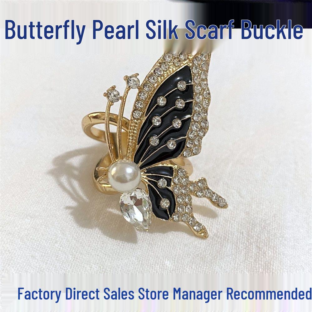 Elegant Butterfly Pearl Silk Scarf Buckle & Brooch - Black Alloy Accessory for Woolen Apparel