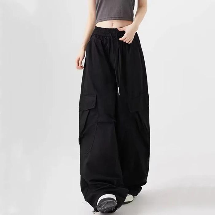 Unisex Black Cargo Pants: Loose Fit, Wide-Leg with Drawstring Design