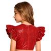 Dívčí párty halenka top třpytivý flitrovaný crop top kulatý výstřih volánkové design s muchlákovými rukávy podšitý narozeninový top
