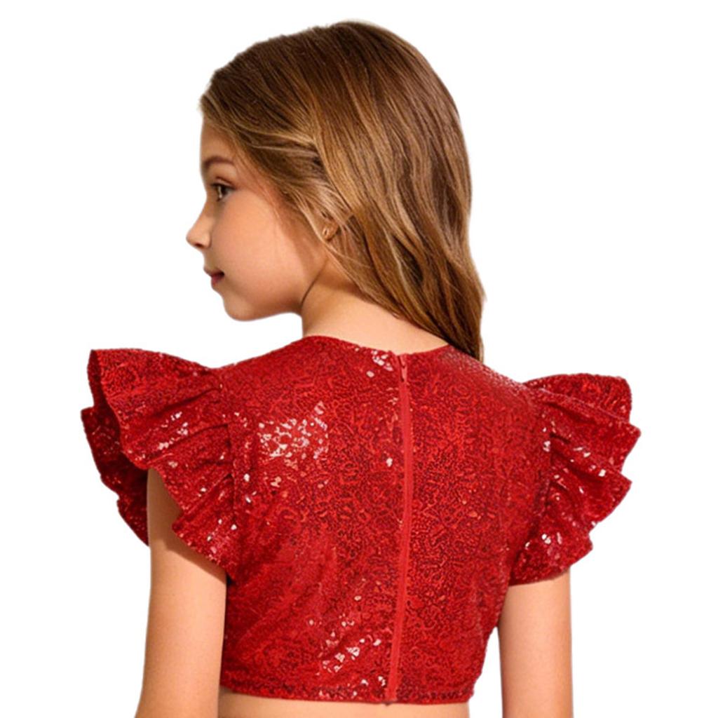Dívčí párty halenka top třpytivý flitrovaný crop top kulatý výstřih volánkové design s muchlákovými rukávy podšitý narozeninový top