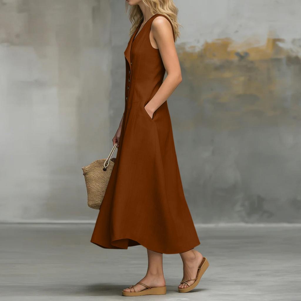Sleeveless A Line Midi Dress with Asymmetric Button Front and V Neckline for Women Casual Loose Fit Summer Wear