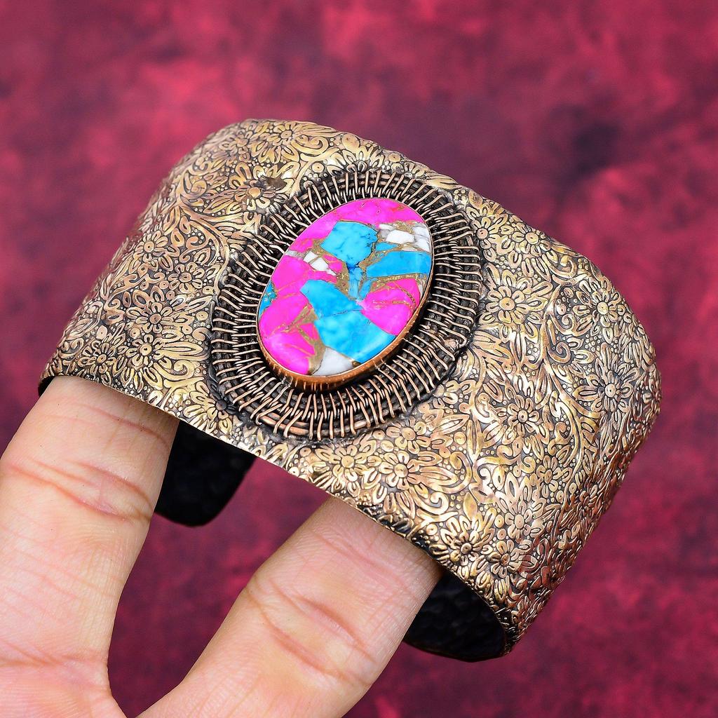 Cotton candy turquoise cuff bracelet copper wire wrapped bangle adjustable bangle handmade gemstone jewelry wire wrap jewelry gifts for her