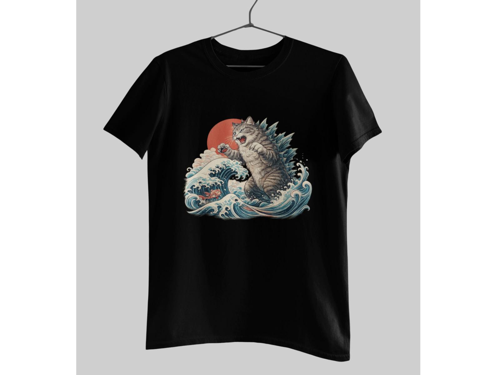 Catzilla T-Shirt Japanese Wave Cat Kaiju Graphic Tee 4XL