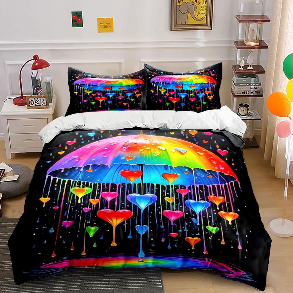 Colorful umbrella, dripping hearts. Bedding sets Duvet cover sets Duvet covers Pillowcases(1*Duvet Cover 2*Pillowcases without duvet insert)