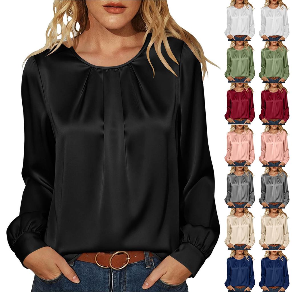 Women's Casual Pleated Long Sleeve Satin Blouse with Round Neck for Everyday Wear