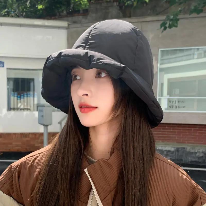 WTEMPO Couple Autumn Winter Down Cotton Bucket Hats Women Solid Color Warm Casual Hats Elegant Casual Versatile Hats