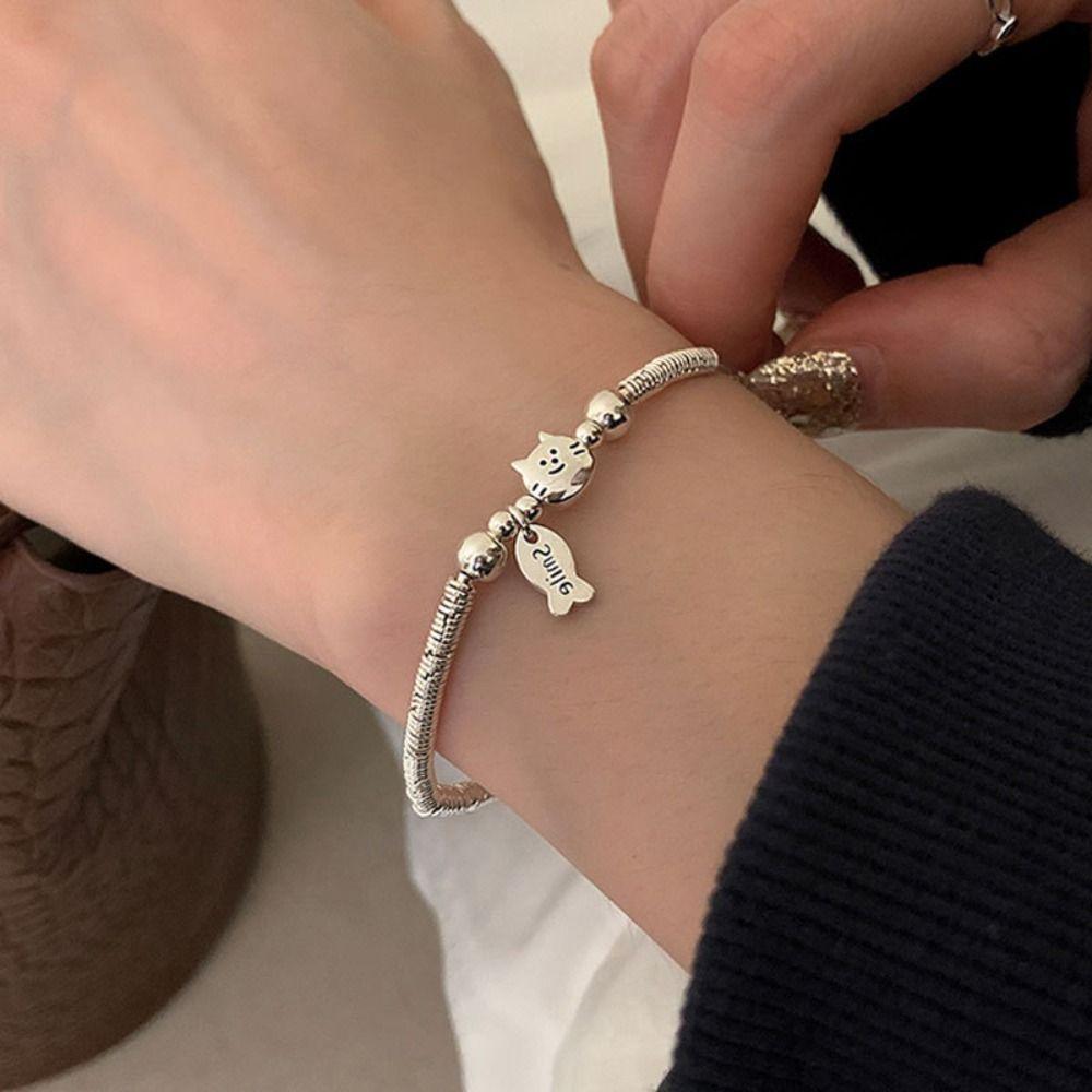 2PCS Lovers Friends Cat Fish Bracelet Cute Metal Beaded Bracelet Cartoon Cute Dog Bracelets  Couple