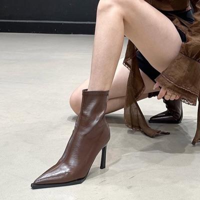 Fashion Leisure Ankle Boots Women Shoes Winter Pointed Toe Shoes Woman Thin High Heels Solid Metal Decoration Leather Modern Boots