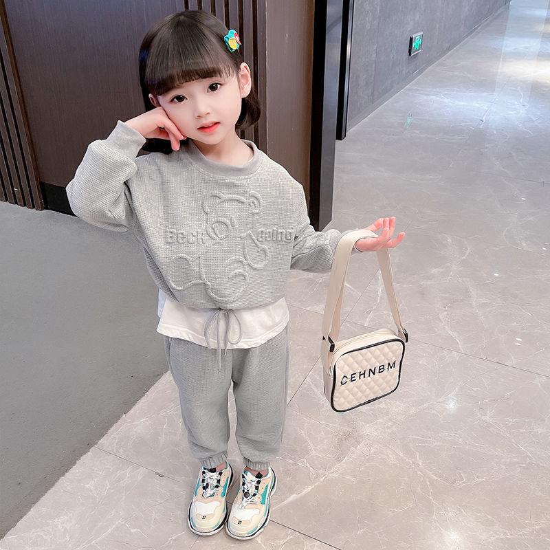 Girls Autumn Waffle Knit Long Sleeve Sweatshirt And Casual Pants Set Trendy Two Piece Outfit For Big Kids