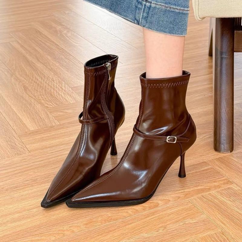Hong Kong Beige Pointed High-heeled Short Boots Women's Spring New Temperament Retro Thin Heel Soft Leather Thin Boots