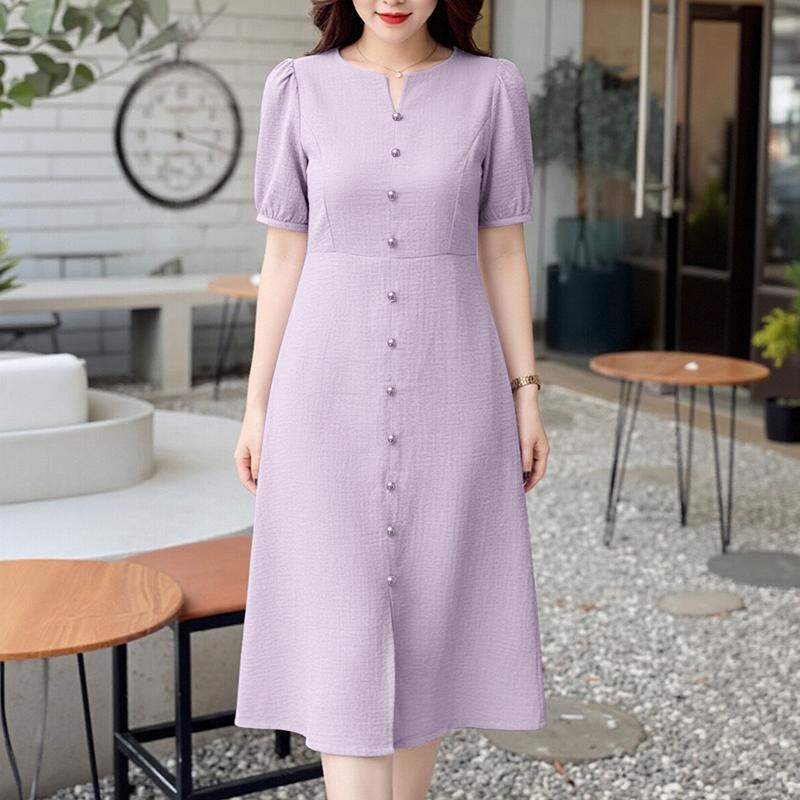 ZANZEA Women Casual V-Neck Solid Color Short Sleeve Midi Dress S фиолетовый