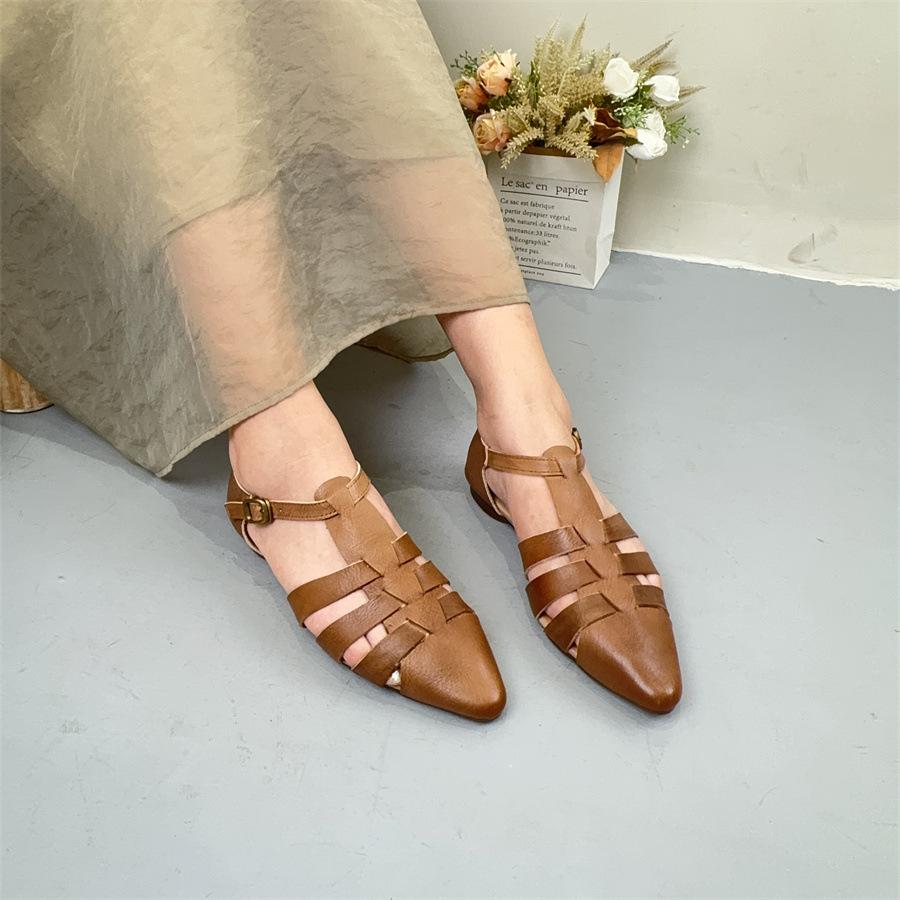 Johnature Kadın Ayakkabıları Hakiki Deri Sivri Burunlu İçi Boş Moda Çok Yönlü Roma Sandaletleri