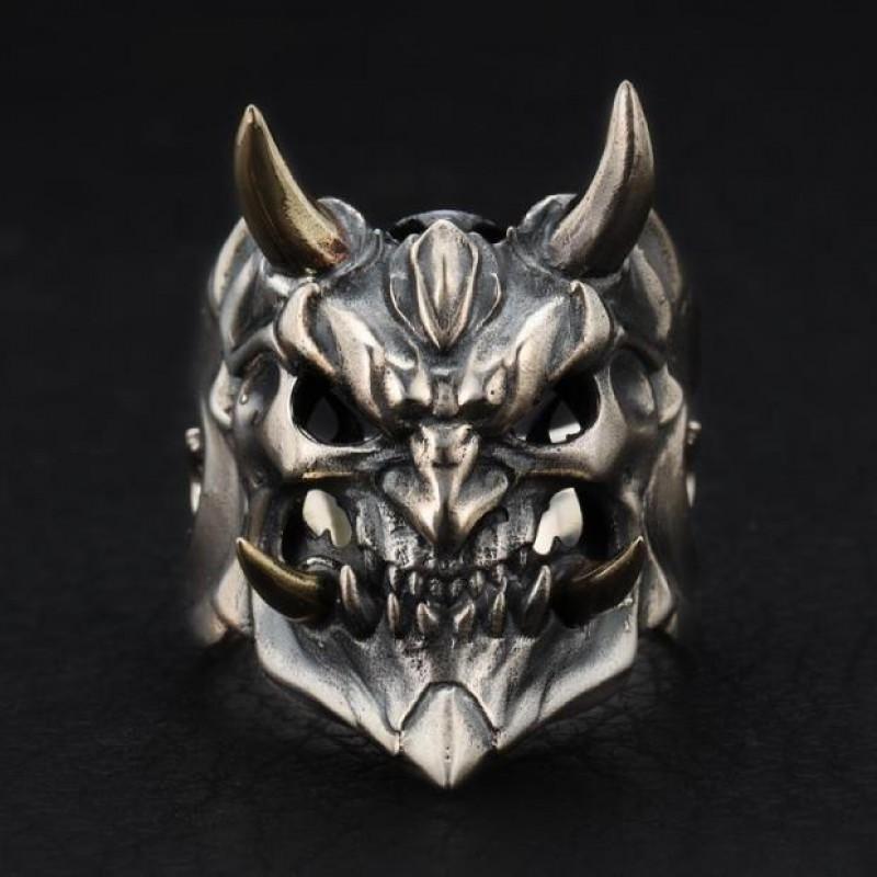 Adjustable Open Ring Men Women Vintage Demon Mask Skull Geometric Finger Copper Plated