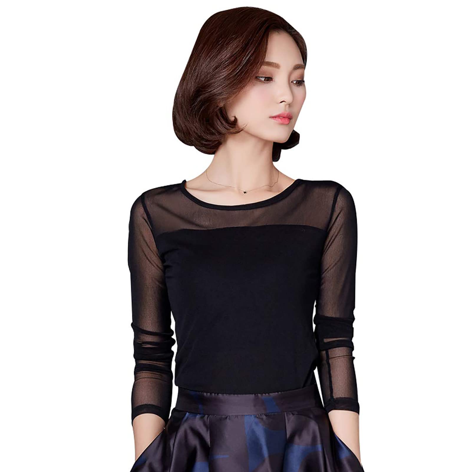 

BTKAKAN С длинным рукавом, круглым высоким вырезом и плотной эластичной тканью. Идеально для повседневной носки и бальных танцев. Размер L. Женская футболка. Сетка, Вырез, Вырез, Кружево, Топ, Носить, чёрный