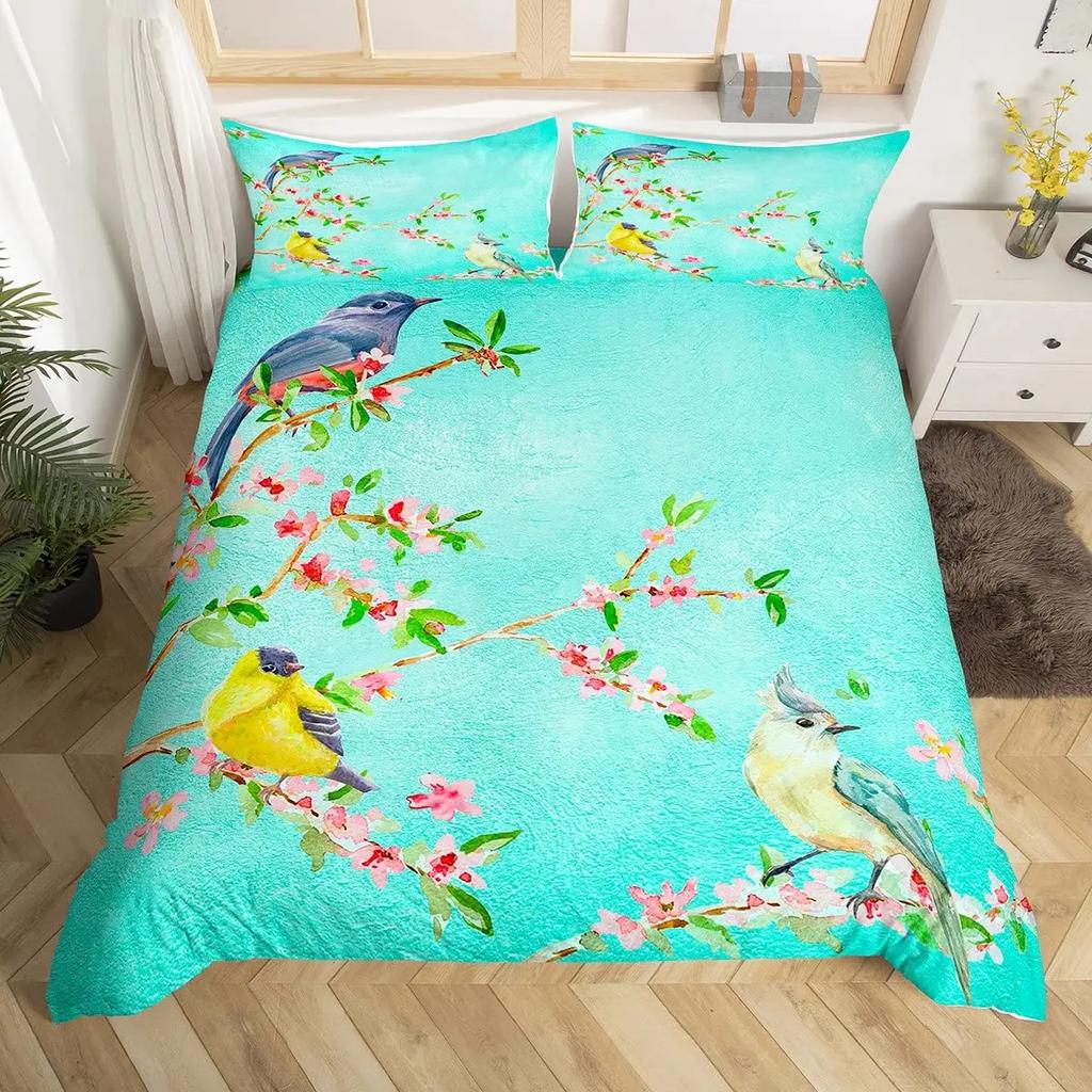 Cute Birds Duvet Cover King Size Pink Peach Flower Bedding Set Polyester Bird Butterfly Wild Animal Comforter Cover For Boy Girl