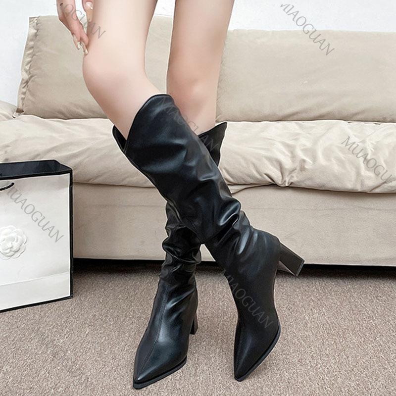Fashion Boots for Woman Pointed Pleated Thigh High Boots Women Autumn Winter Chunky Heeled Shoes Solid Sexy Stacked Long Knee High Boots