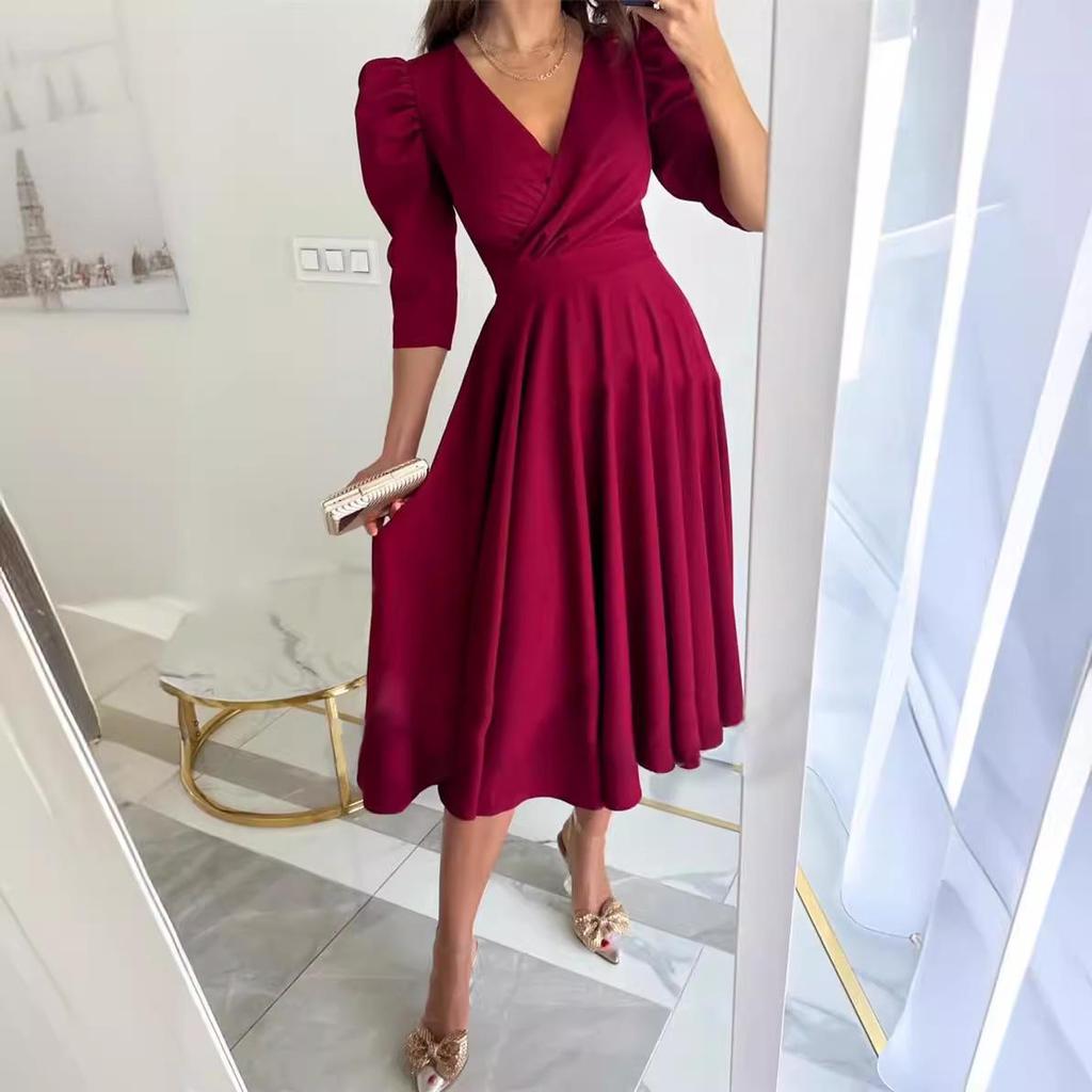 Lato 2025 Sukienka Swing z Krótkim Rękawem Bufiastym i Dekoltem V w Jednolitym Kolorze, Wiązana w Pasie, do Dojazdów do Pracy