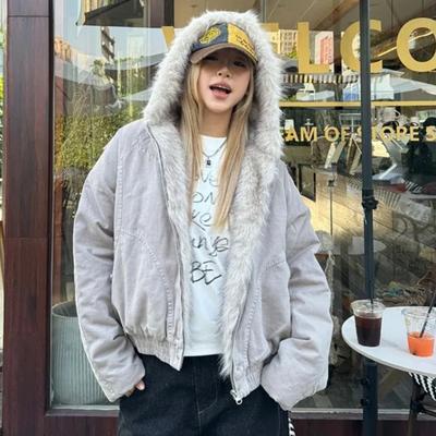 American Retro Fur Collar Hooded Jacket Women Y2K Streetwear Winter New Velvet Thickened Warm Harajuku Loose Casual Jacket