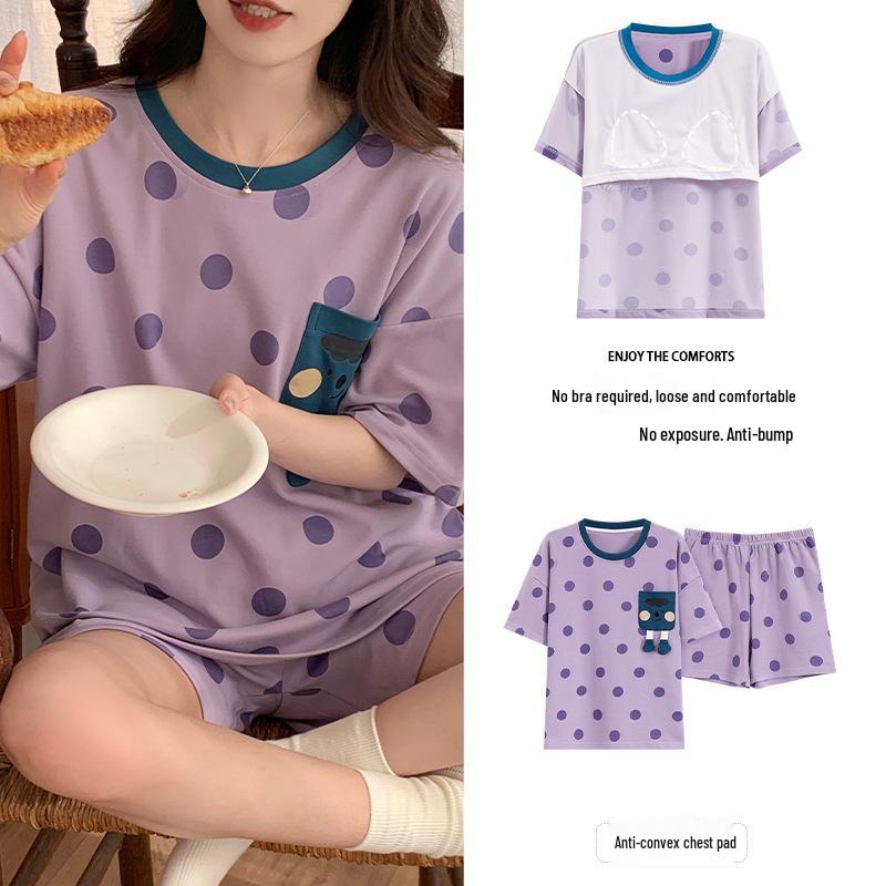 2025 Women's Short-Sleeved Summer Pajamas with Chest Pads - Cute Cartoon Style