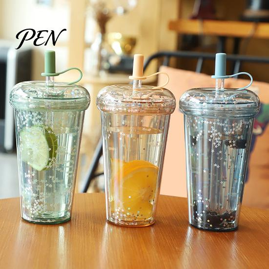 Handheld Drinkware for Campus Transparent Straw Cup, with Sequins Decor And Leak Proof Cute Milk Tea Cup Girls Lid, Reusable Plastic Sippy Students
