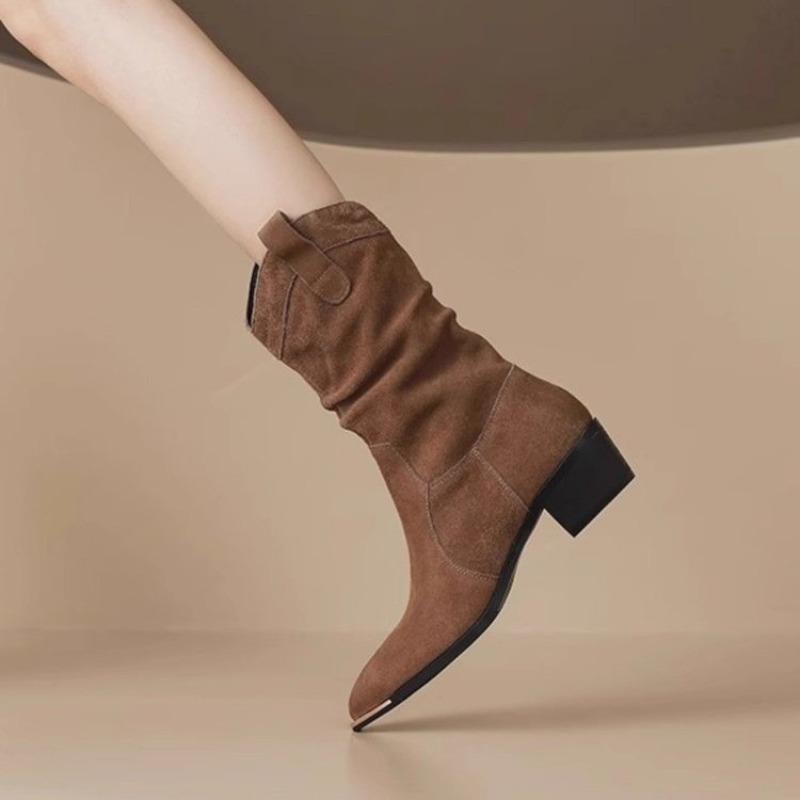 Fashion Skinny Pointed Toe Thick Heel Booties Women's New Mid-leg Boots for Autumn and Winter 2025
