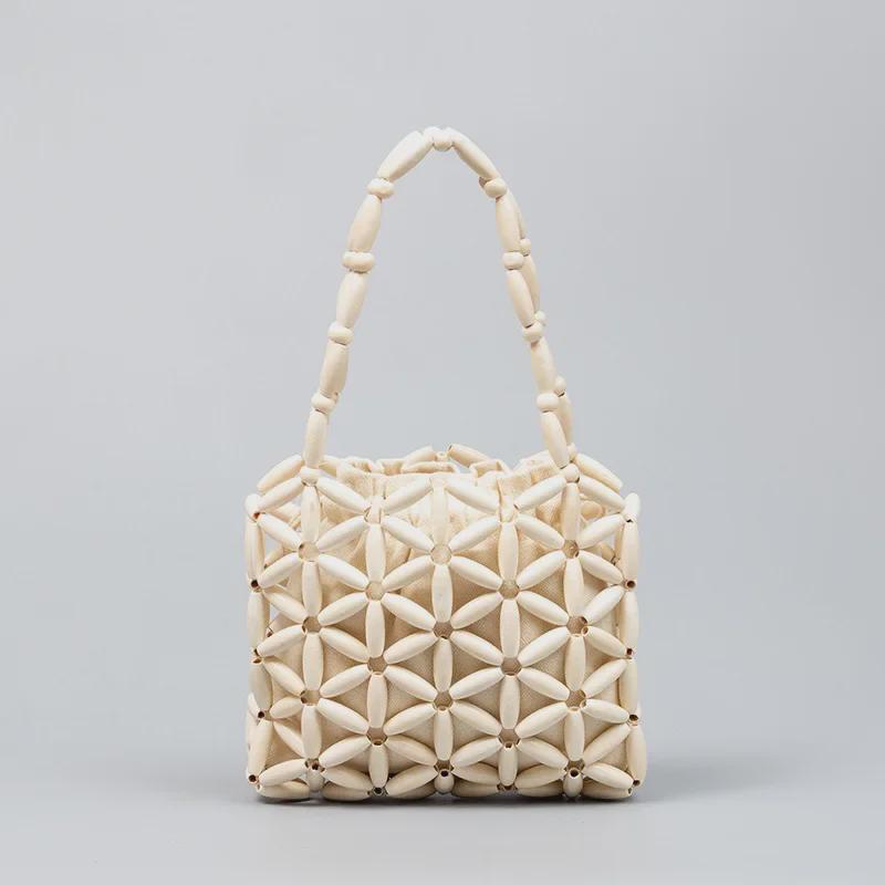 ENSPT Hand-Woven Wooden Beads Women's Summer Handbag - Trendy Niche Design for Commuters