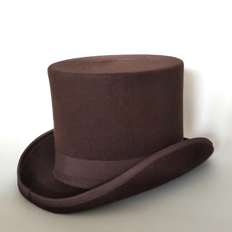 

2025 Wool Flat Man Top Hat Fashion Fedora Hats Versatile Panama Magician Cap Gentleman Cylinder Strap Steampunk Unisex Elegant XL (61cm) кавовий