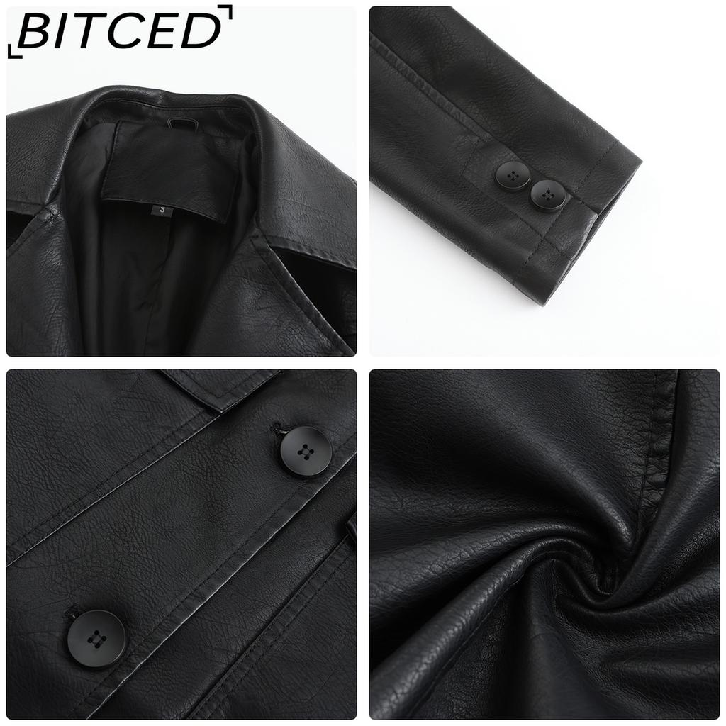 BITCED Long-Length Leather Coat Spring/Autumn Long-Sleeved Leather Trench Coat Stylish British-Style Outerwear Polo Neck Single-Breasted