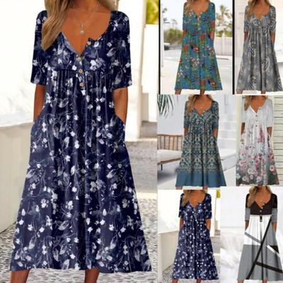 Buttoned Maxi Dress with Pocket Printed Cardigan Style Womens Dress
