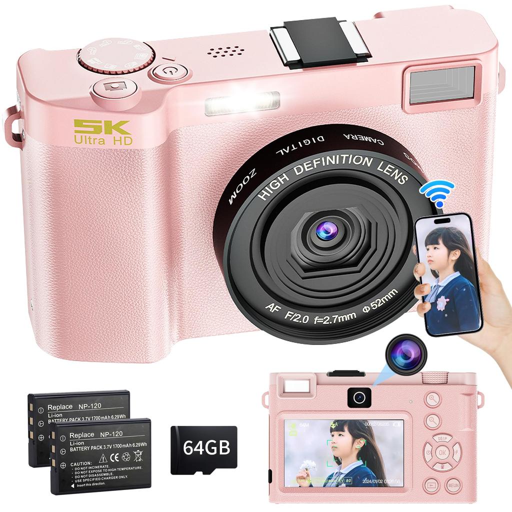 Moledro 5K Digital Camera with 64MP Dual 64GB Micro SD 18x Digital Image Webcam for Large Two Portable and Lightweight Wi-Fi Transfer, Lens, Card,