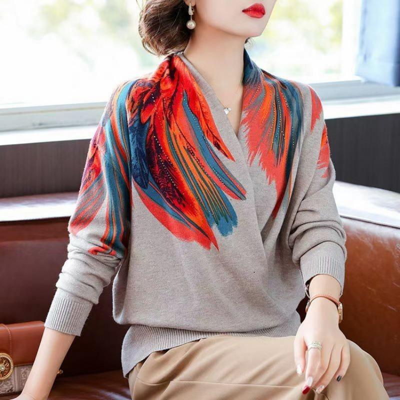 

Зимний наряд для молодой мамы, облегающий праздничный свитер, женский свитер с перекрещенным вырезом, вязаный свитер с принтованным воротником, базовая рубашка для женщин 4XL хаки